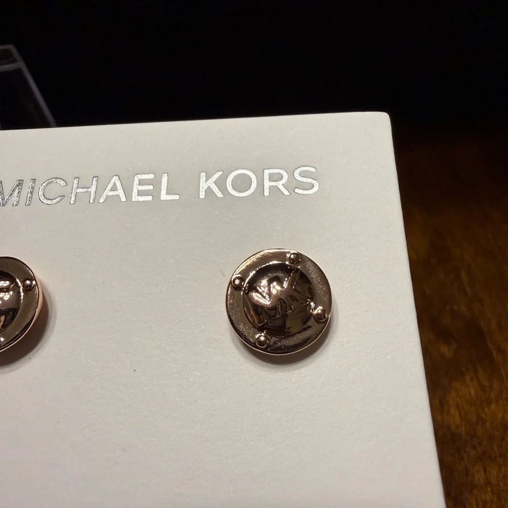 NEW Michael Kors rose gold button post stud earrings Retired Logo MK